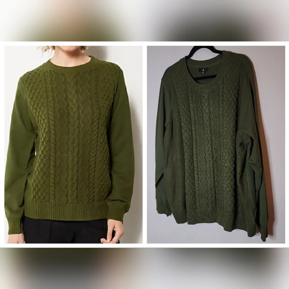 J Jason Wu Green Mixed Media Cable Knit Sweater W/French Terry Sleeves. 3X